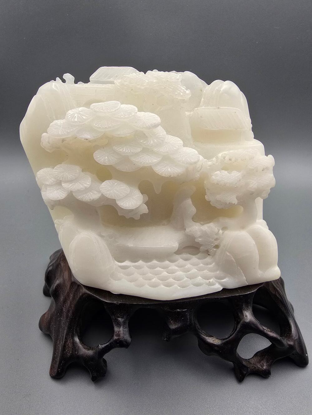 Chinese White Nephrite Jade Landscape Carving on Wood Stand 4in